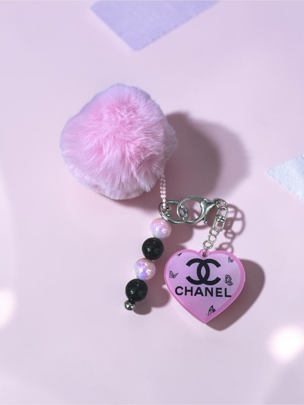 Pink Heart Logo Keychain with Pom Pom